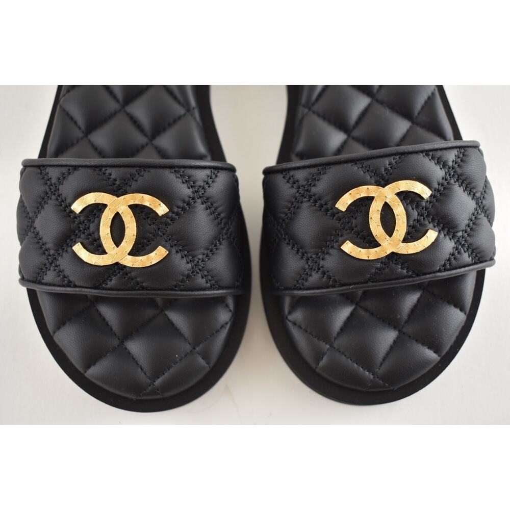 Chanel REV Black Quilted Leather Gold Logo Mule Slide Sandal Flip Flop Flat 35 - Picture 9 of 16